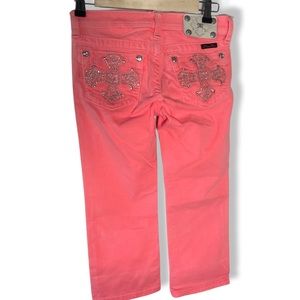 Miss Me Girls Neon Coral Hot Pink Bling Denim Capri Pant Jeans